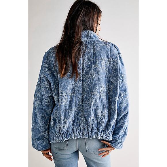 FREE PEOPLE Dolman Lotus Jacket Denim Chambray Quilted Bomber Jacket - Picture 3 of 10